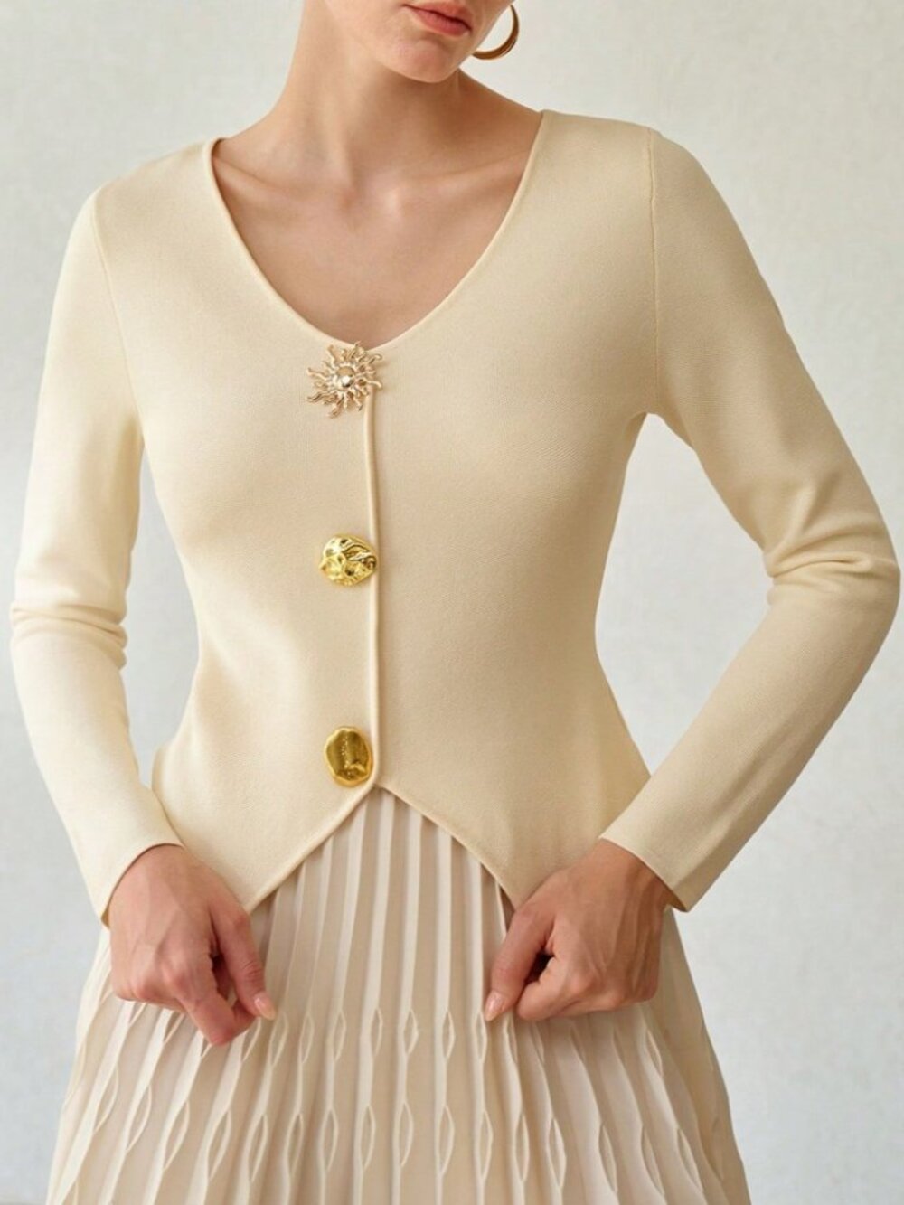 Cream Knit Gold Button V Neck Asymmetric Hem Slim Cardigan
